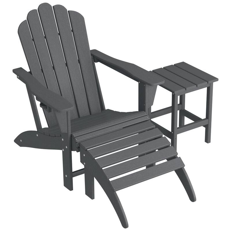 Aderson Outdoor Poly Adirondack Chair with Side Table and Ottoman - Gray