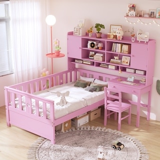 Kids Twin Size Bed Frame with Storage Bookcase, Wood Multi-Functional Platform Bed w/ Built-in Desk and Matching Chair, Pink