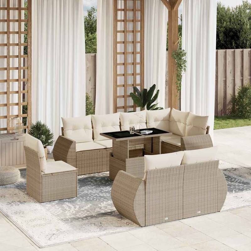 vidaXL Patio Sofa Set with Cushions Outdoor Furniture 9 Piece Poly Rattan - Beige and Cream-without storage - 21.7 x 39.4 x 27.2