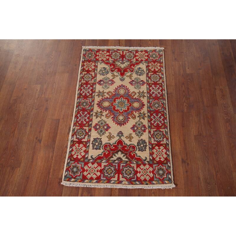 Geometric Kazak Oriental Foyer Rug Handmade Traditional Wool Carpet - 1'10" x 3'2"