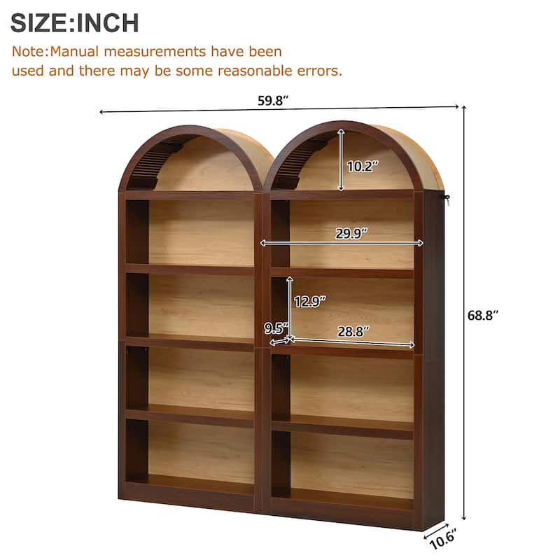 Set of 2 Farmhouse Tall Bookshelves with Arched Top, 5-Tier Open Storage Display Cabinet for Living Room