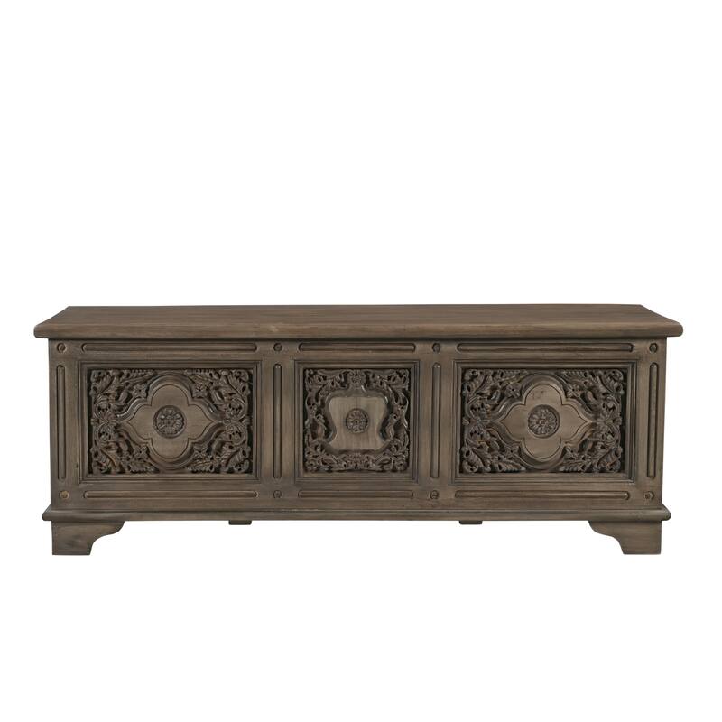 Clara Carved Solid Wood Storage Ottoman - Brown Circular