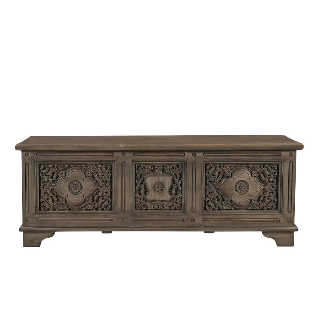 Clara Solid Wood Storage Ottoman with Geometric Carved Design