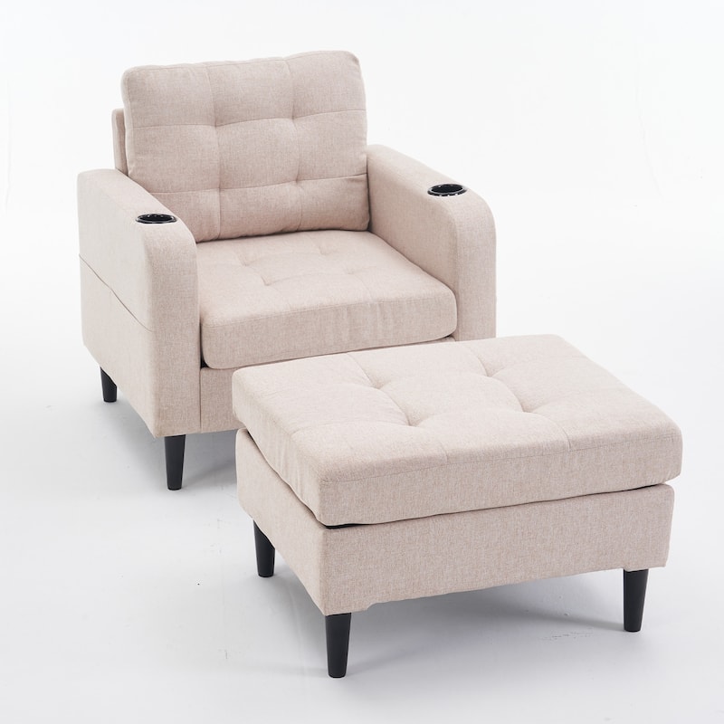 Beige Modern 31.5" Upholstered Buttons Tufted Arm Chair with Storage and Cup Holders for Living Room