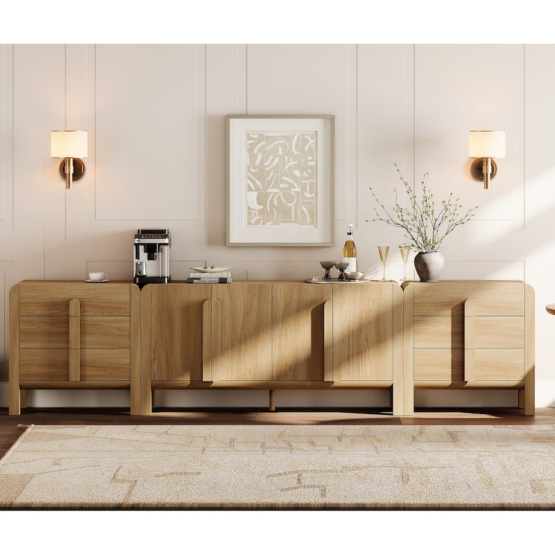 WAMPAT 3-Piece Sideboard Buffet With Storage, Mid-Century Modern 126" Wood Credenza With Doors And Adjustable Shelves - Walnut
