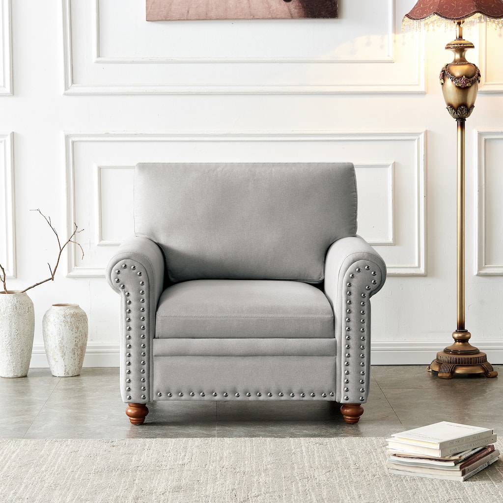 Fabric Upholstered Single Sofa, Accent Chair with Rolled Arms & Nailhead Trim, Lounge Reading Chair with Solid Wood Legs
