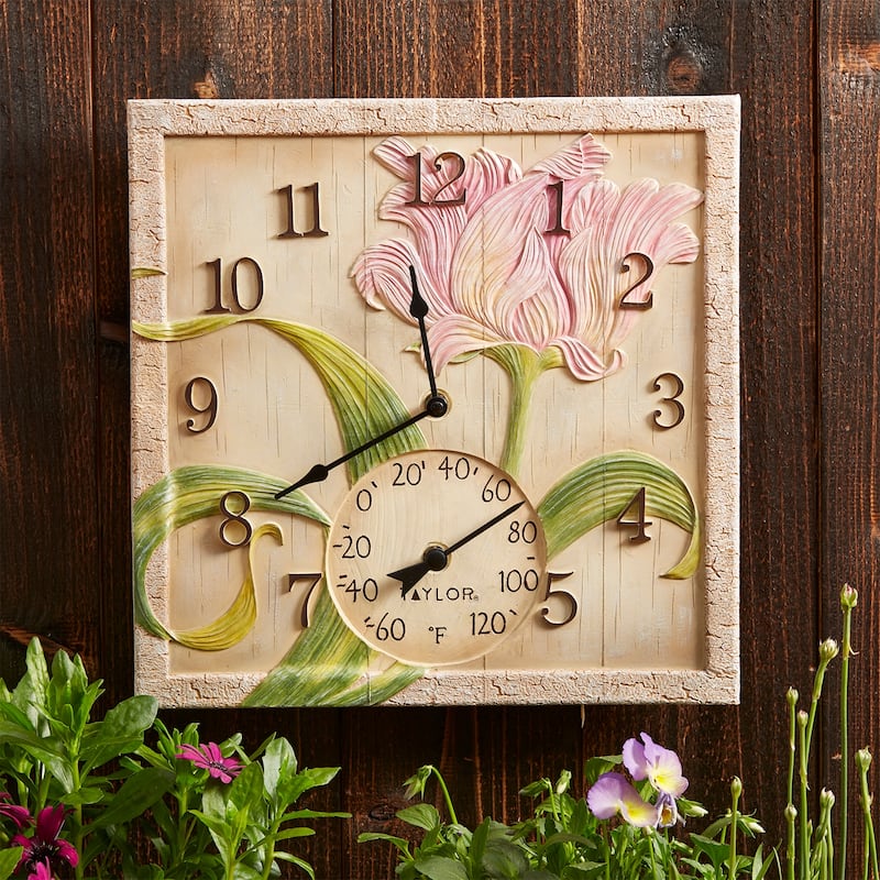 Taylor Poly Resin Beachwood Flower Clock with Thermometer, 14x14 Inch