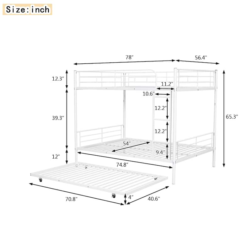 Full Over Full Metal Bunk Bed with Trundle, White