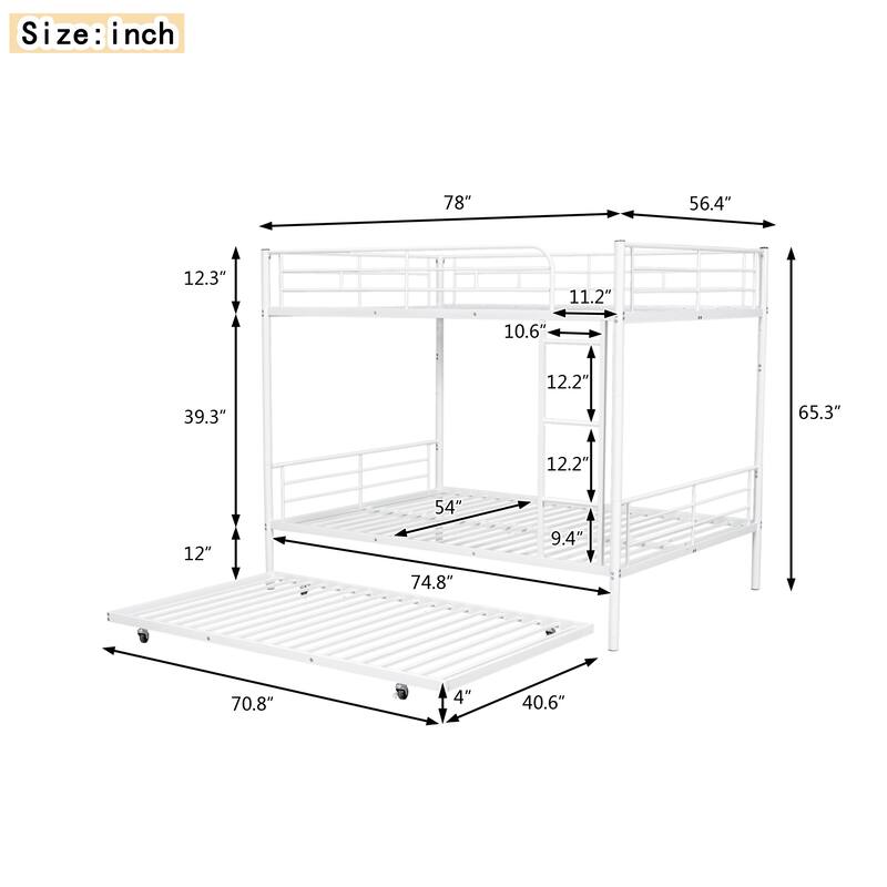 Full Over Full Metal Bunk Bed with Trundle in White, Black or Silver - Sturdy Iron Frame, Space-Saving Design