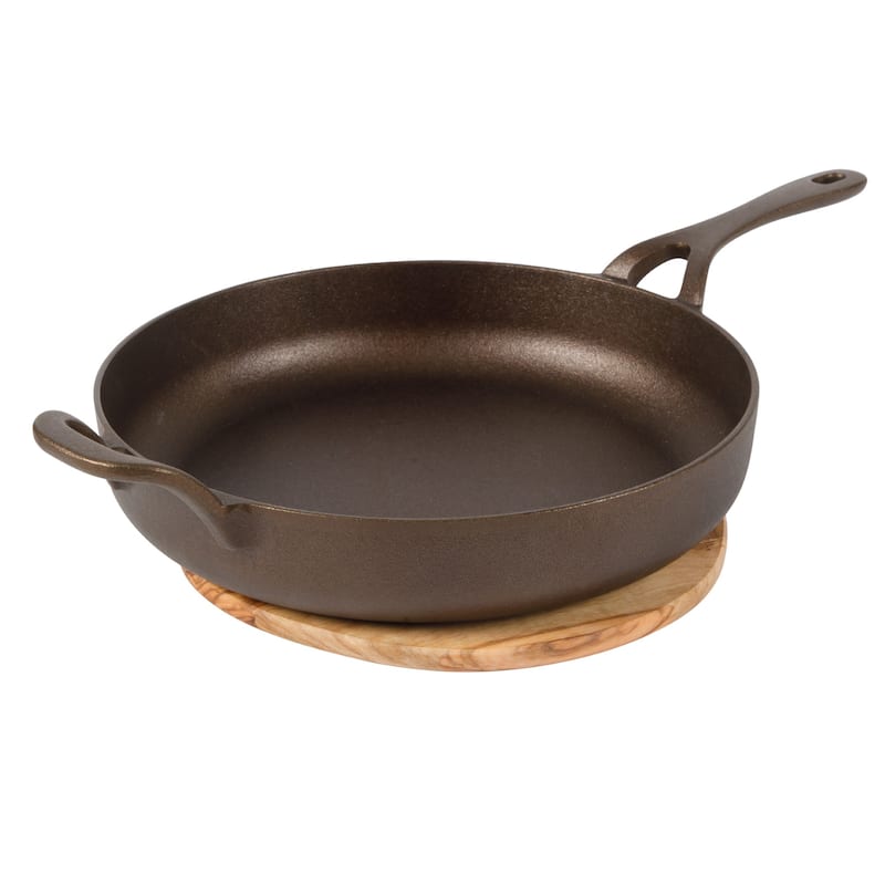 Bloomhouse Natural Bronze Finish Pre-seasoned Cast Iron Grill, Everyday Pan, Skillet & Olive Wood Trivet - 16.75" x 12"