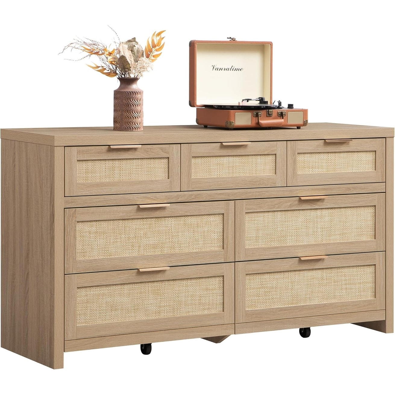7-Drawer Rattan Dresser, Reclaimed Light Oak, Boho Style, Versatile Storage for Bedroom, Living Room, or Closet - Bed Bath & Beyond