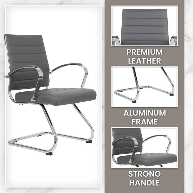 Benmar Modern Leather Office Chair with Stainless Steel Sled Base, Floor Caps, Ergonomic Desk Chair for Home Office or Workspace