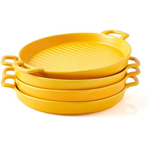 Bruntmor Set Of 4 Ceramic Matte Glaze Round Baking Dish Dinner Plates, Serving Dinner Trays With Skillet handles