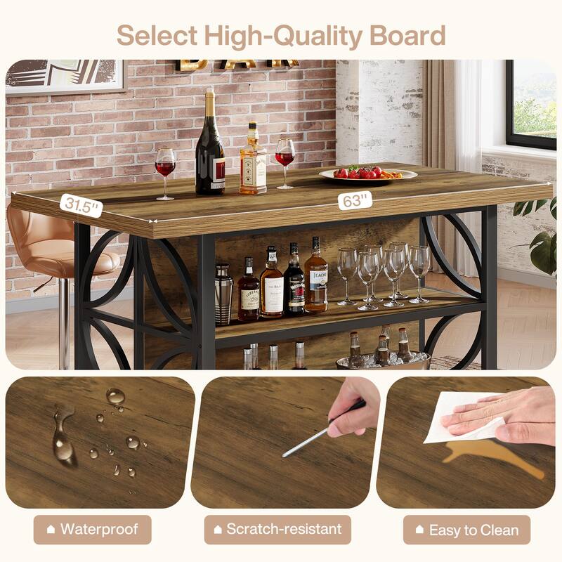 63-Inch Large Home Bar Table with Footrest, Rustic Brown