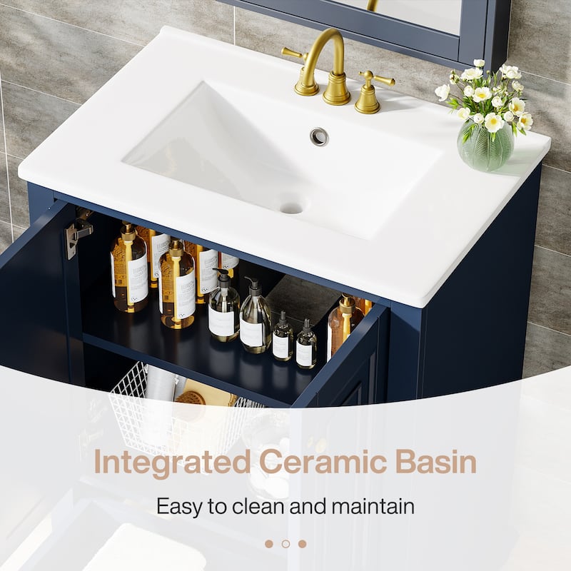 24'' Modern Freestanding Solid Wood Bathroom Vanity with Ceramic Sink, Adjustable Shelf Storage