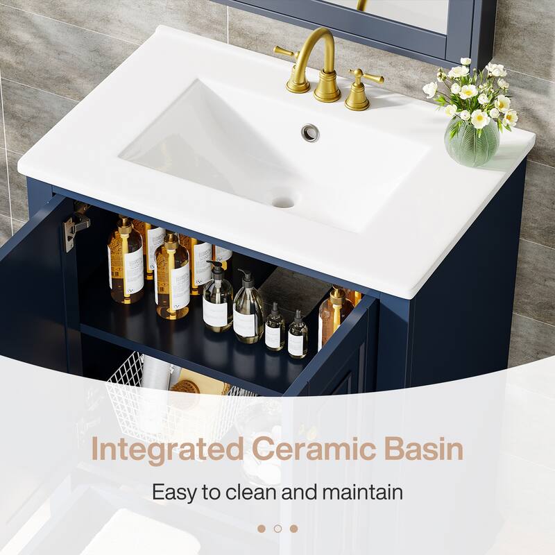 24 Inches Solid Wood Modern Bathroom Vanity with Ceramic Sink, Adjustable Shelf Storage