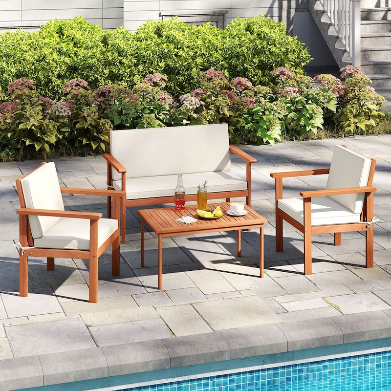 Gymax 8 Pieces Patio Furniture Set, Acacia Wood Porch Chairs w/ Table