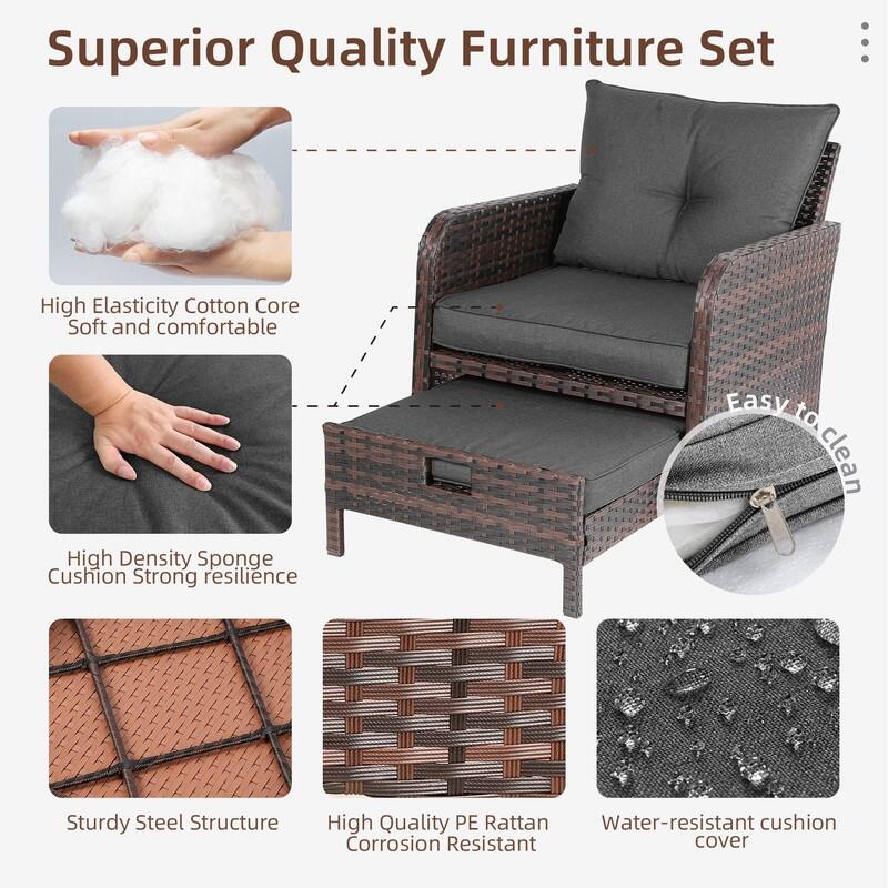 Patio Watcher 5 Piece Outdoor Seating Group with Cushions Brown Wicker Patio Conversation Set with Ottoman