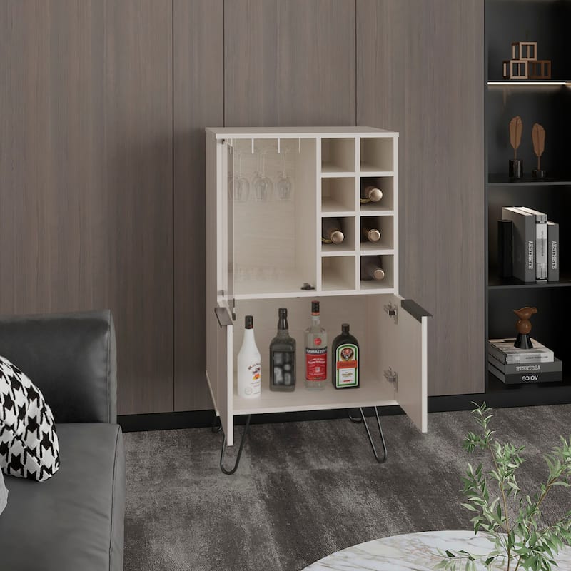 Aster 23" Wide Double Door Bar Cabinet and Glass door comparment, Eight bottle cubbies and stemware