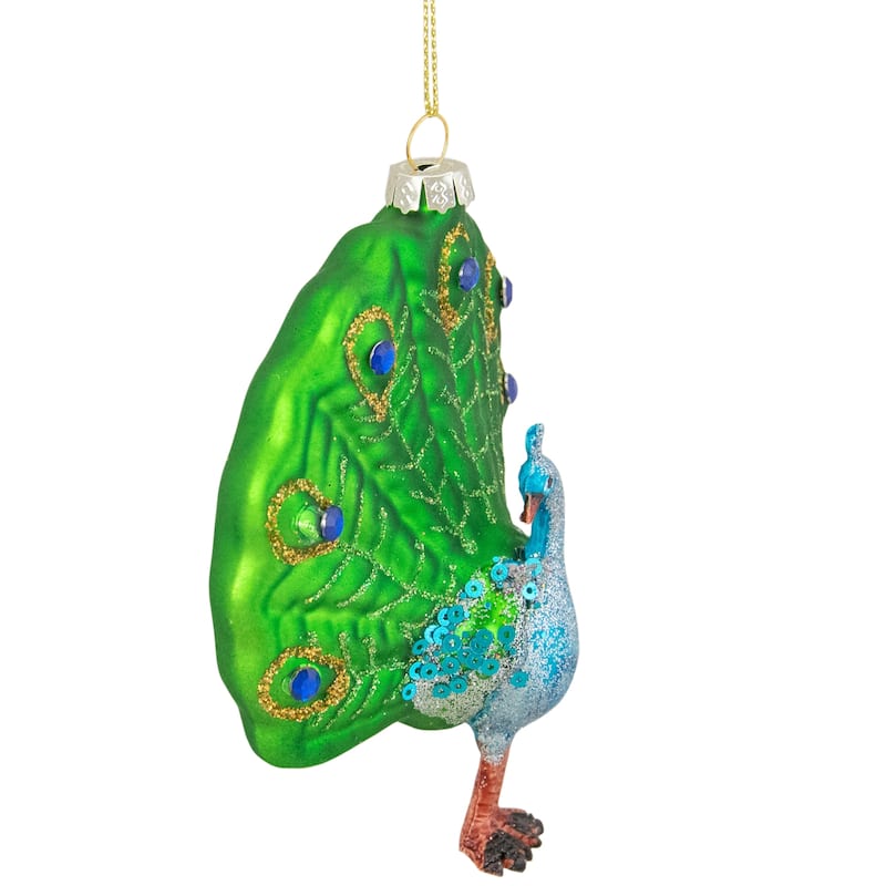 Standing Glittered Peacock Glass Christmas Ornament - 4.75" - Lime Green and Blue