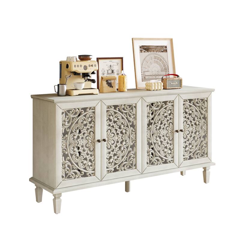 Roomfitters 60" Antique Buffet Cabinet, Floral Carved 4-Door Sideboard with Solid Wood Legs & Brass Handles