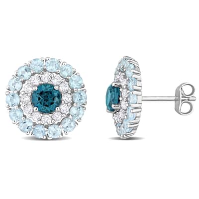Miadora London Blue Topaz Sky Blue Topaz and White Topaz Halo Stud Earrings in Sterling Silver