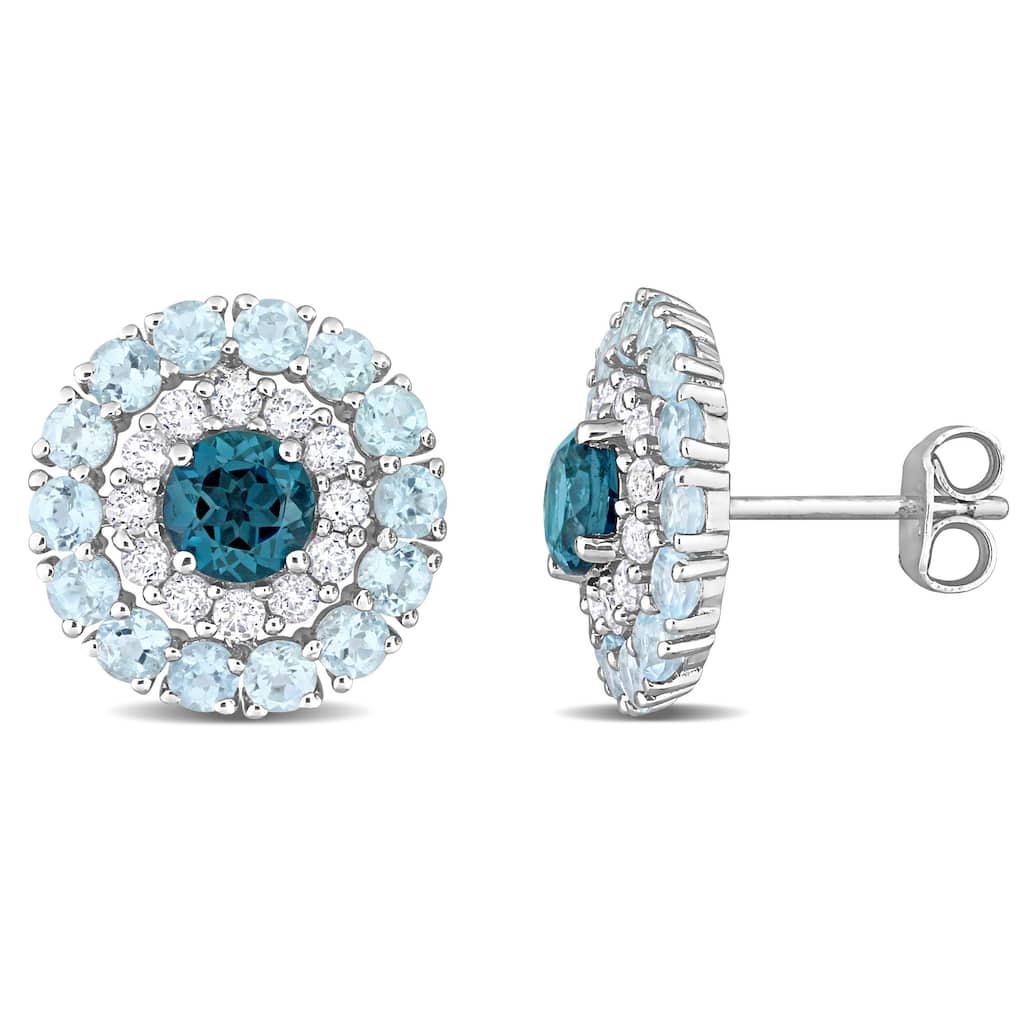 Miadora London Blue Topaz Sky Blue Topaz and White Topaz Halo Stud Earrings in Sterling Silver