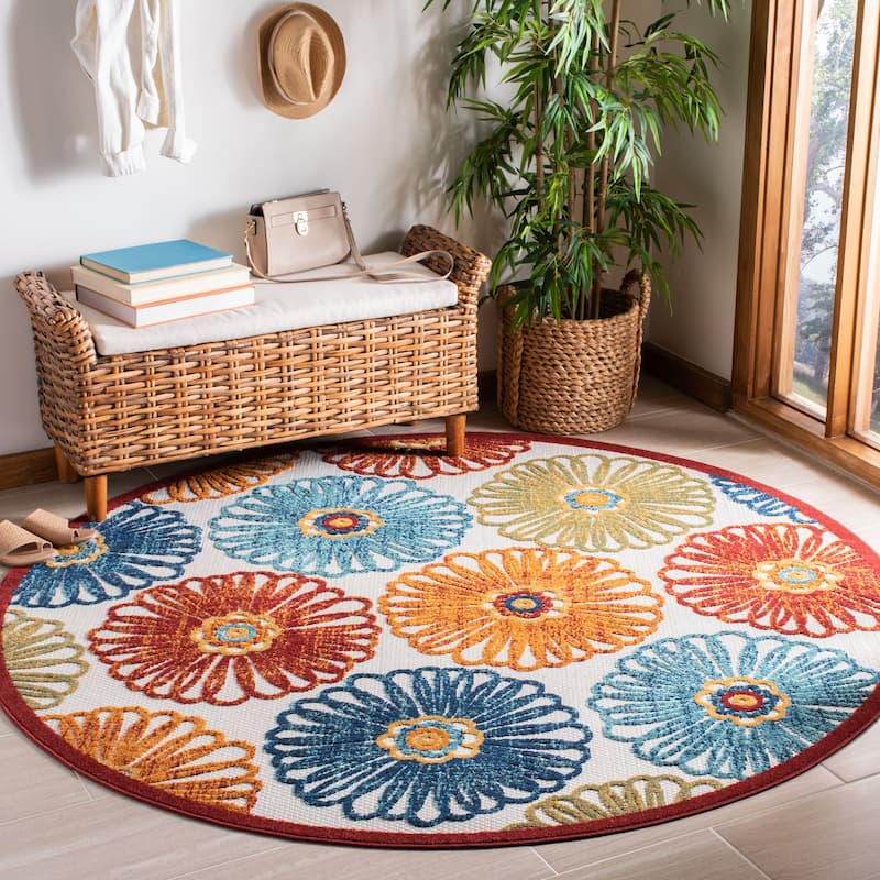 SAFAVIEH Cabana Goldia Indoor/ Outdoor Waterproof Patio Floral Rug - 6'7" x 6'7" Round - Creme/Red