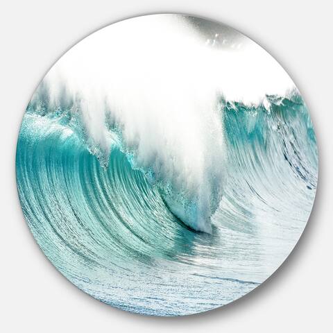 Designart 'Massive Blue Waves Breaking Beach' Contemporary Seascape Large Circle Metal Wall art