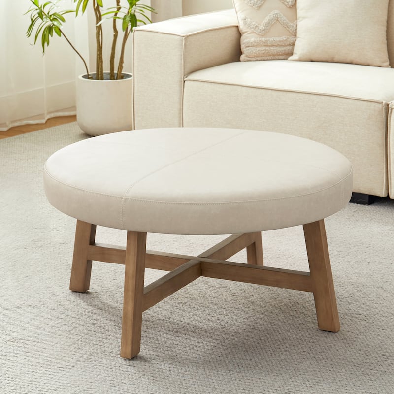 Round Upholstered Coffee Table with Solid Wood Base, Modern Fabric Ottoman Table for Living Room - Beige