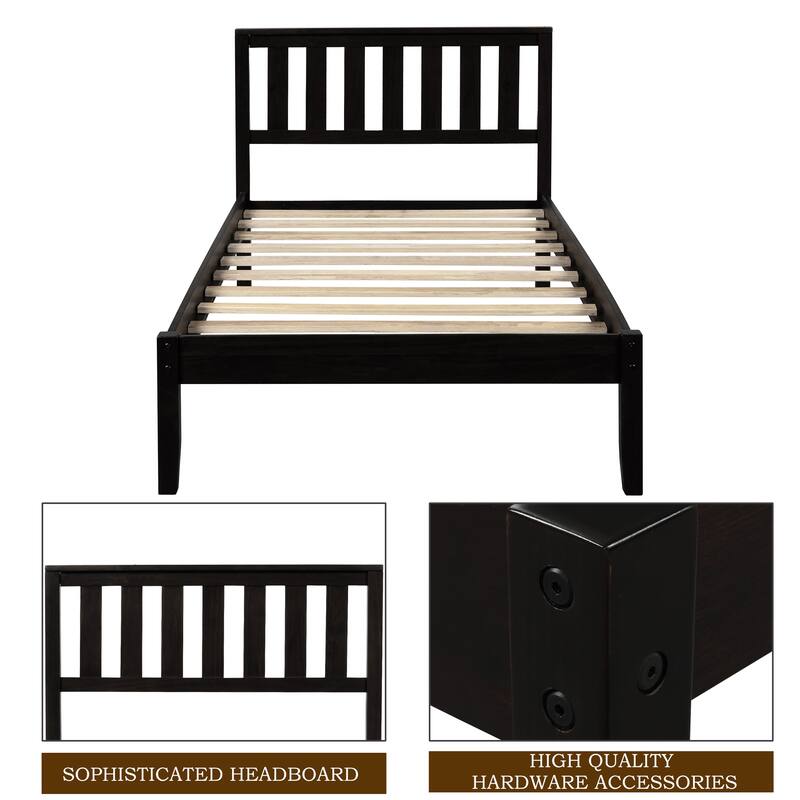 Twin Size Wood Platform Bed with Headboard and Wooden Slat Support