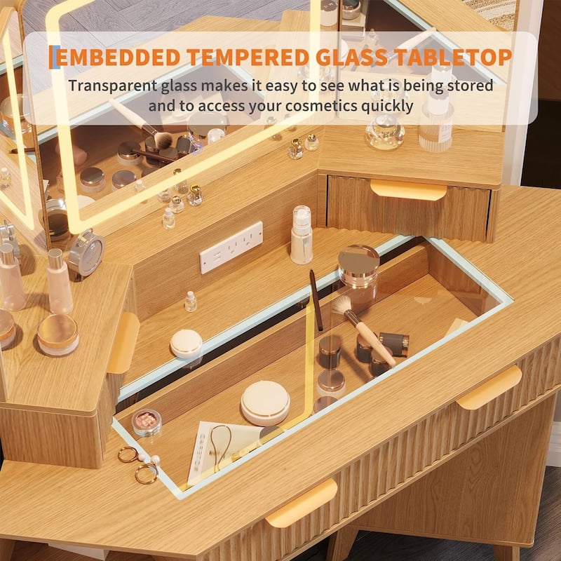 48 inch Fluted Corner Vanity Desk with Lights and Triple Mirror