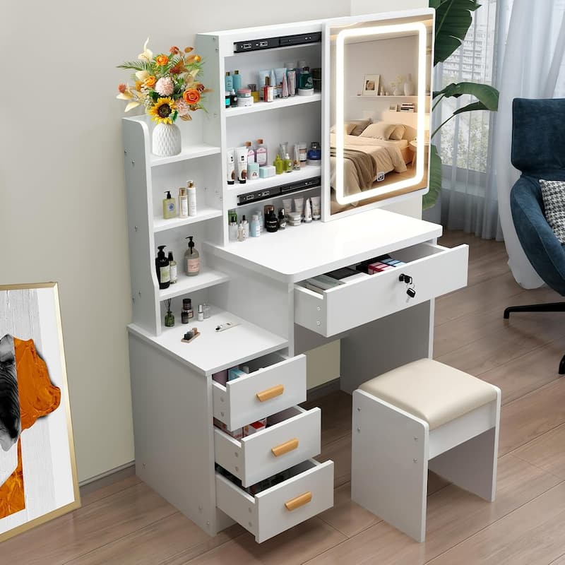 Vanity Desk With Sliding Mirror And Lights, Makeup Vanity , Power Outlet, 3 Color Adjustable Lighting Modes