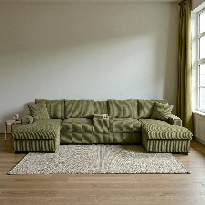 126" U-Shaped Cloud Couch Sectional with Double Chaise, Console, Cup Holders and USB, Oversized Corduroy Sofa