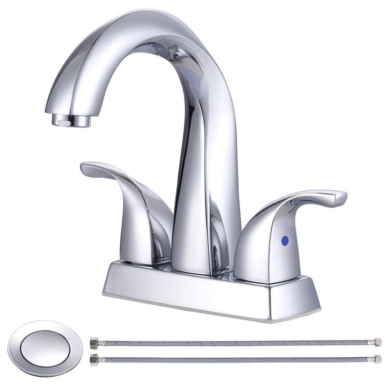 WOWOW 4 in. Centerset Double-Handle Bathroom Faucet with Pop Up Drain - Polished Chrome