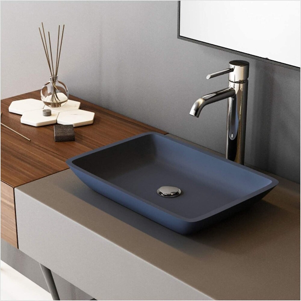 chicstyleme Vessle Sink Blue Basin Foil Covered Tempered Glass Bathroom Sink with Waterfall Faucet Over Counter Washbsin 