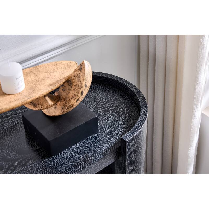 Black curved foyer table - Black wood grain minimalist entrance small space living room sofa side table