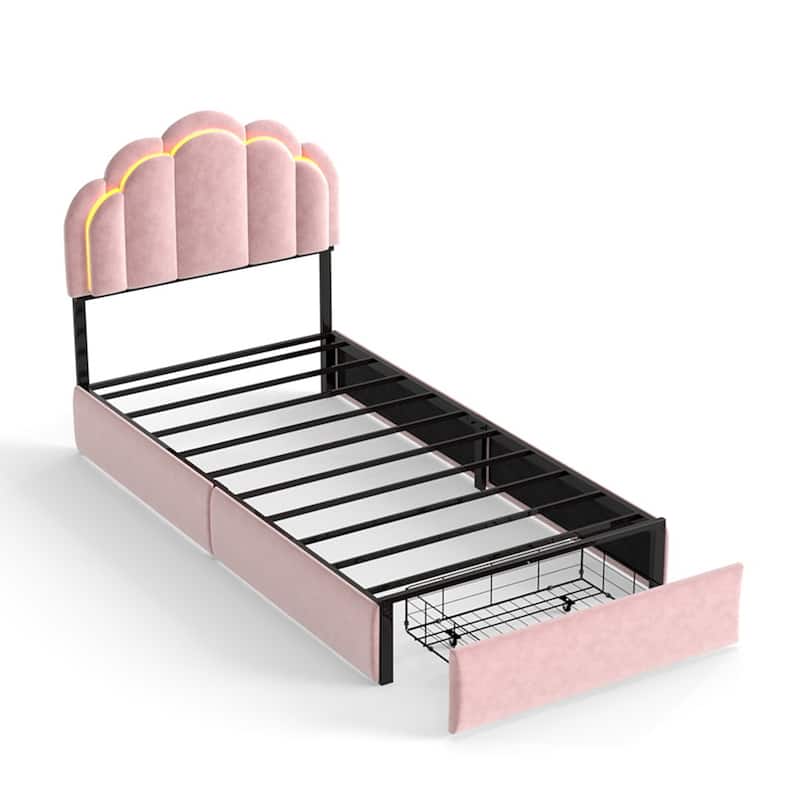 Velvet Upholstered Platform Bed with RGB LED Petal Headboard, Under Bed Storage Drawers Princess Bed Frame