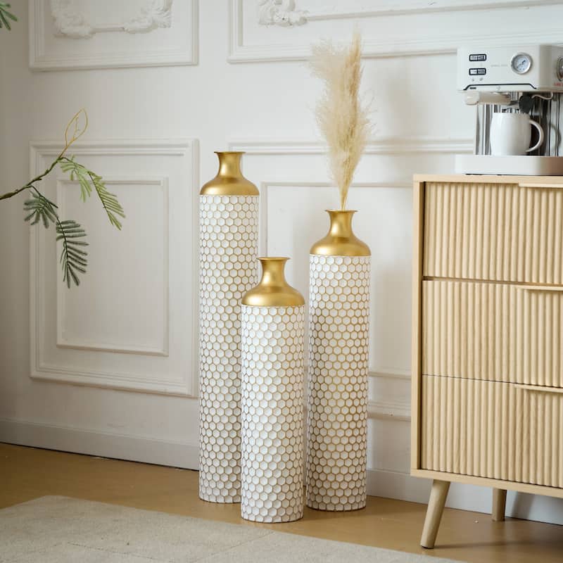 Floor metal vase decoration home droplet shaped white metal vase 3-piece set gorgeous home decoration large glazed metal vase