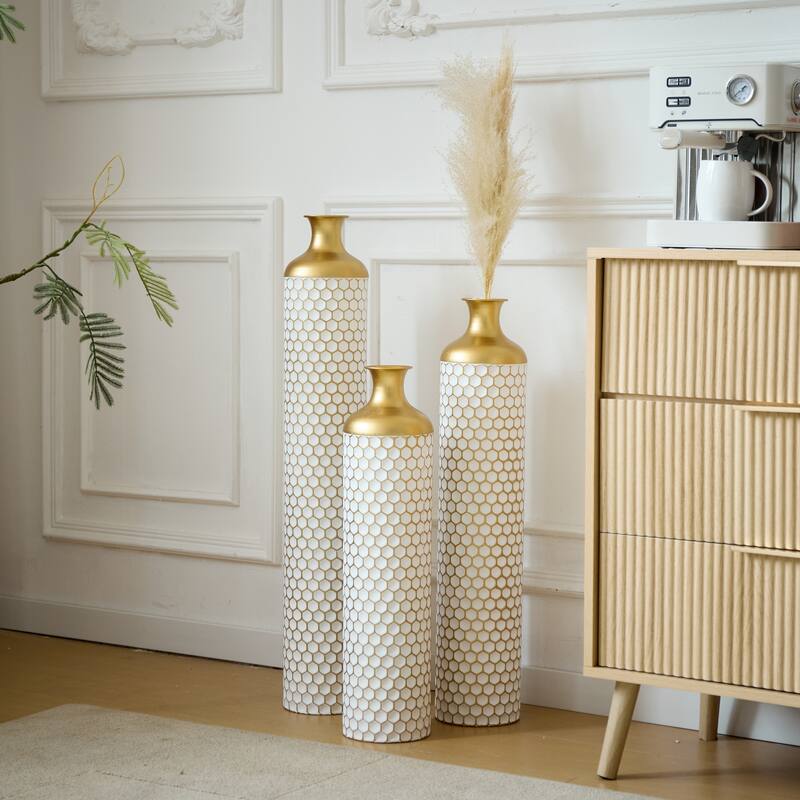 Floor metal vase modern style decoration home droplet shaped white metal vase 3-piece set gorgeous large glazed metal vase