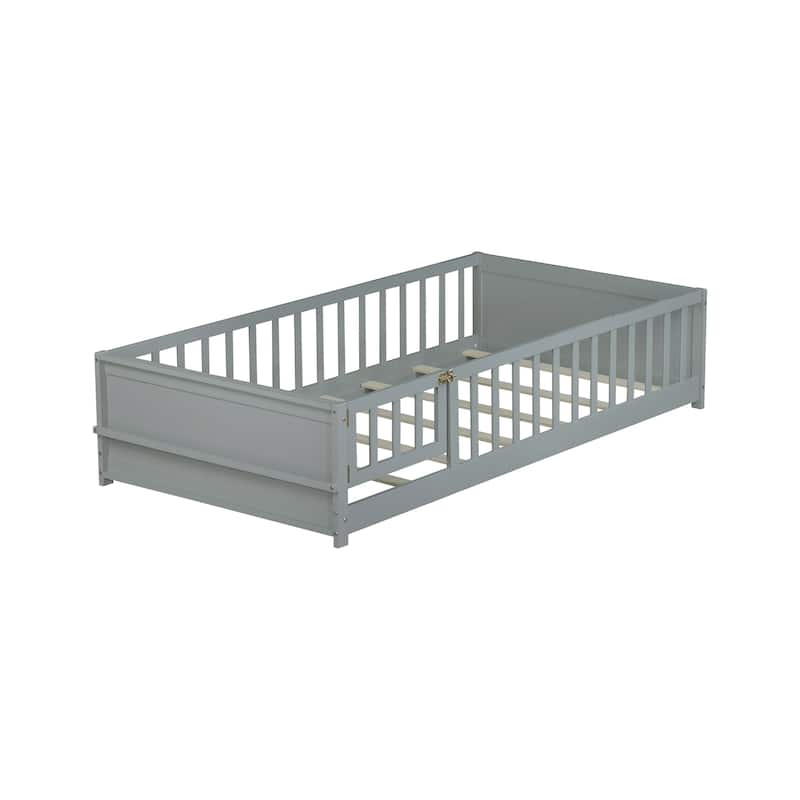 Twin Floor Bed with Built-in Bookcase and Safety Door Rubber Wood Low Profile