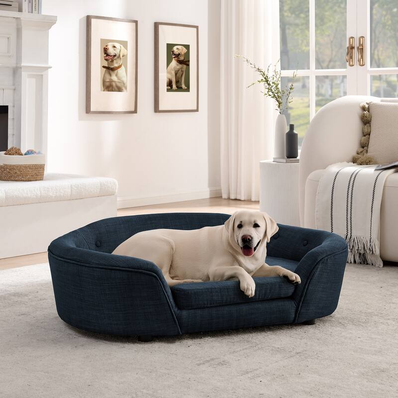 Oval Semi-Enclosed Dog Sofa, Durable Linen Material, Button-Tufted Backrest, High-Center Low-Sides Support Plush Comfort-Beige - Blue