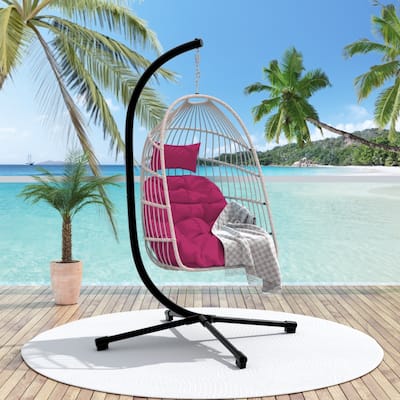 Outdoor Egg Hanging Chair with Stand, Patio Wicker Swing Egg Chair Indoor Swinging Chair Outdoor Hammock Egg Chair