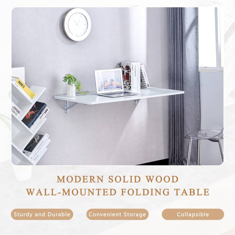 Minimalist Folding Wall Mounted Table Desk with Steel Brackets and Smooth Rounded Corners for Small Space or Home Office