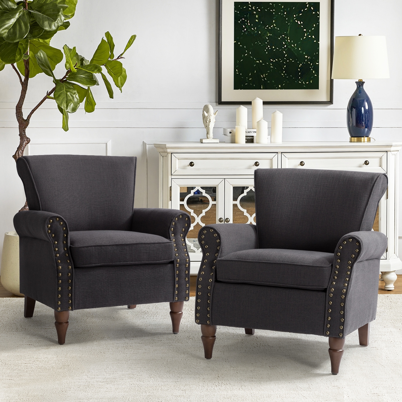 Nyctelius Classic Upholstered Wingback  Accent chair with Wooden Legs and Nailhead Trim  Set of 2 by HULALA HOME