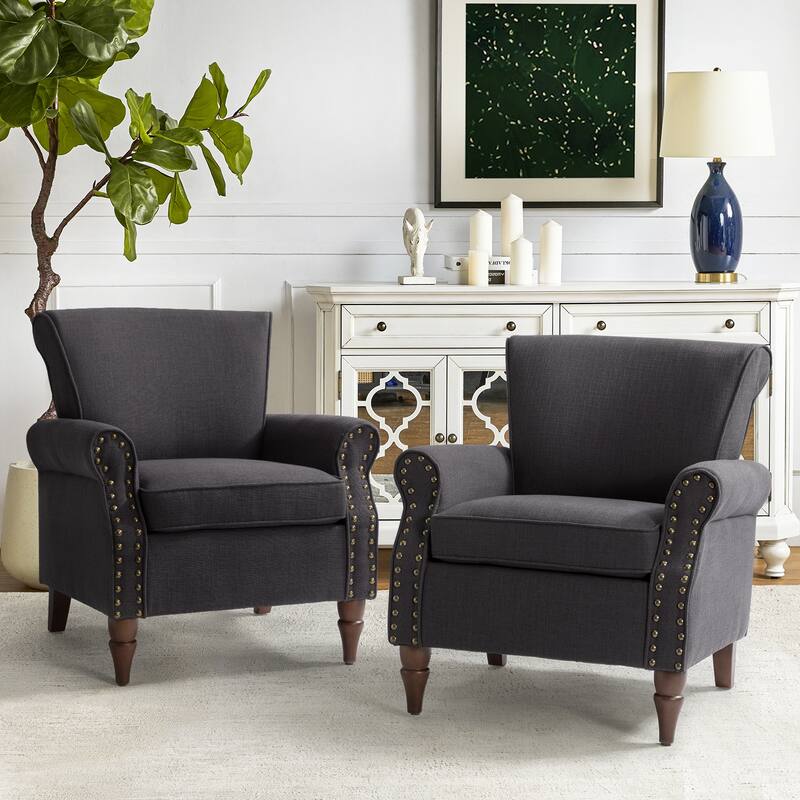 Nyctelius Upholstered Comfy Accent chair with Turned Wooden Legs and Nailhead Trim Set of 2 by HULALA HOME