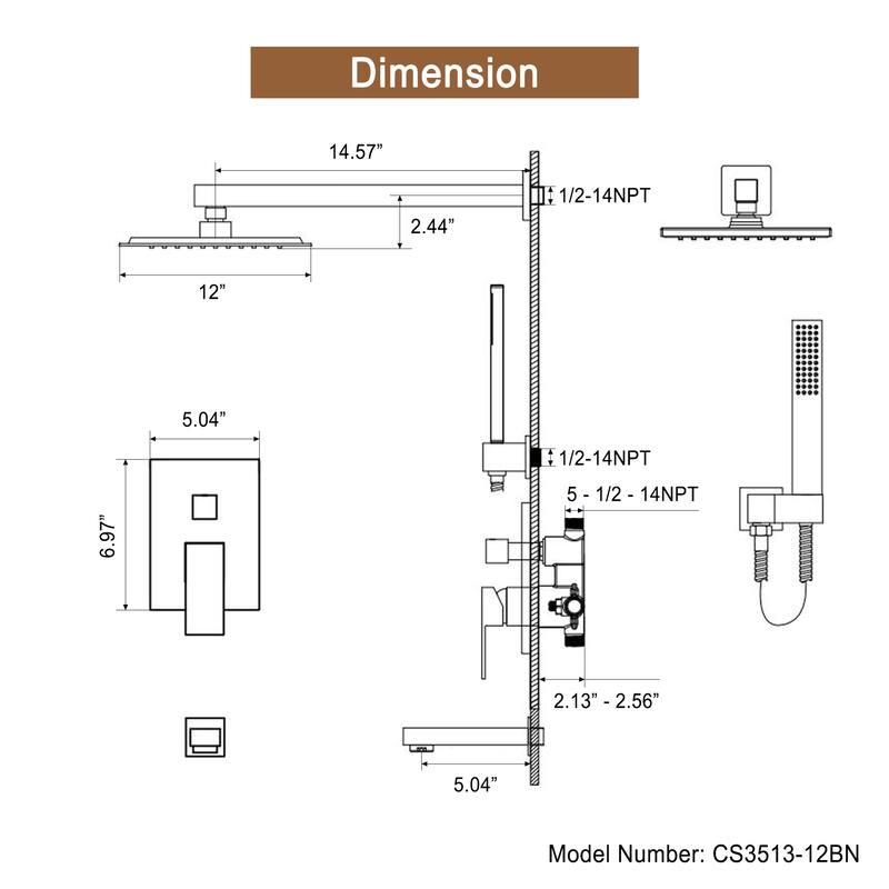 CASAINC 3-Function 12-In Wall Mounted Shower System