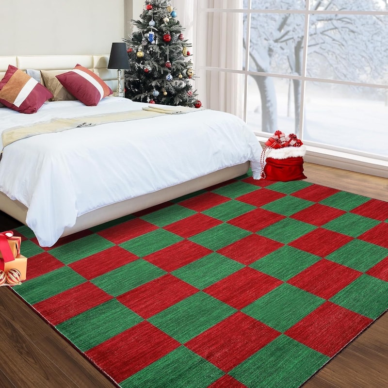 Grid Pattern Washable Christmas Area Rug Indoor Floor Cover for Xmas Holiday Decoration, Red+Green - 5*7ft