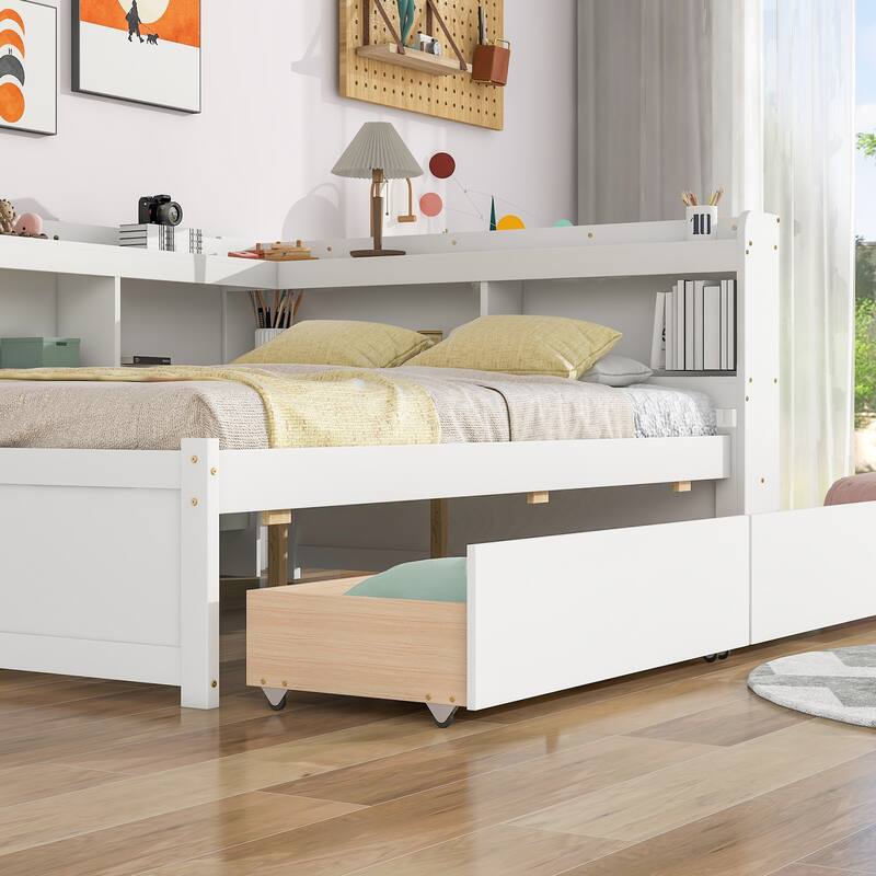 Full Bed with L-Shaped Bookcase and Storage Drawers, Space-Saving Design