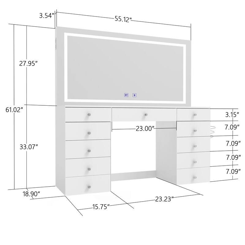 Extra-Large Vanity Desk with LED Mirror, Bluetooth Speakers, 11 Drawers and USB Ports